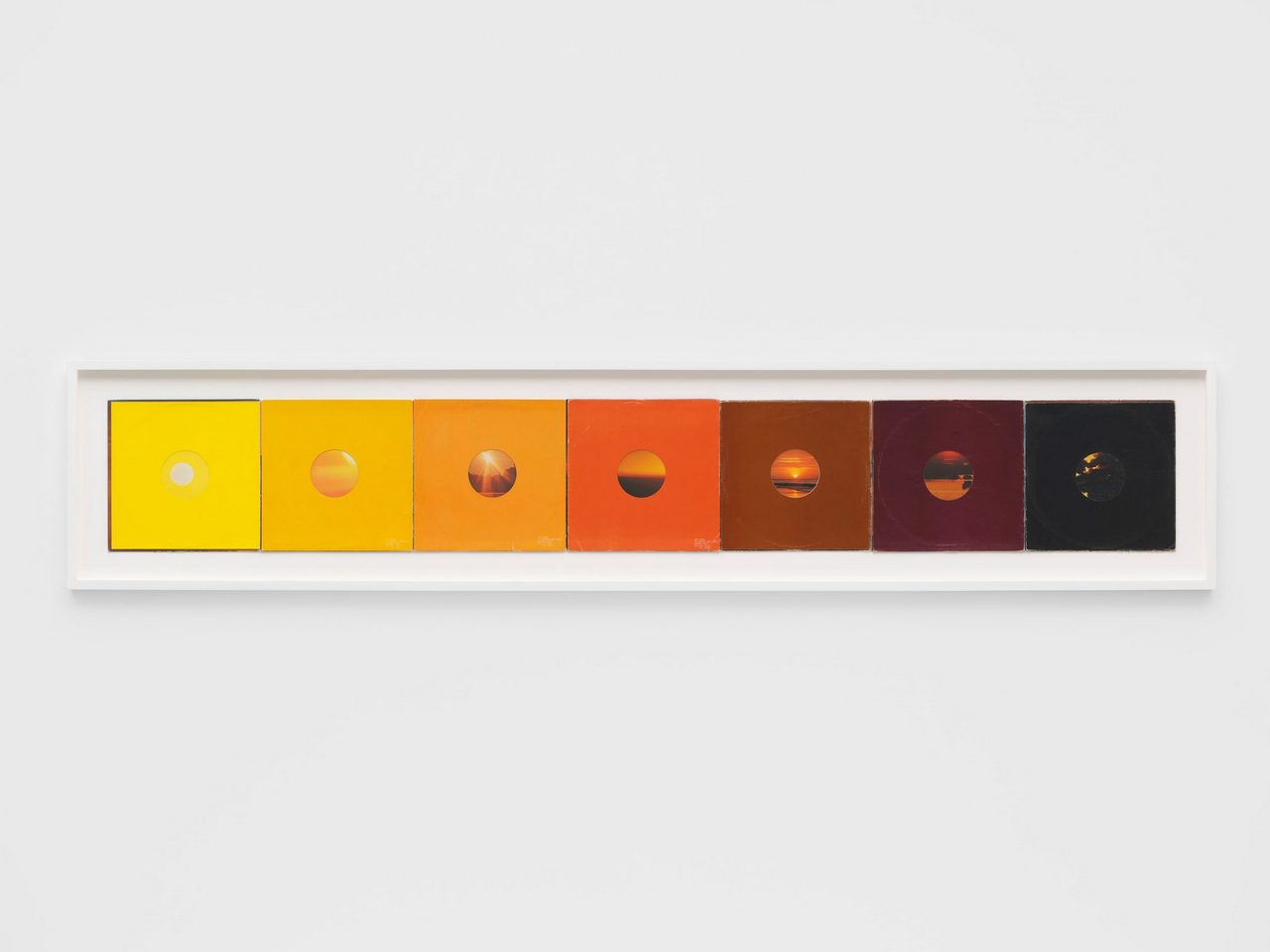 Christian Marclay, Oculi (Sunset), 2026, Seven record covers and sleeves, 31.5 x 220.5 cm | 12 1/2 x 86 3/4 in., 47.1 x 236.3 x 4.5 cm | 18 1/2 x 93 x 1 3/4 in. (framed), © Christian Marclay, Courtesy the artist and White Cube Gallery