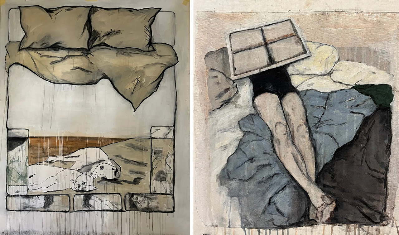Left: Tamara Al-Samerraei, Bed 5, 2024, Acrylic on canvas, 272 x 223 cm, © Tamara Al-Samerraei, Courtesy the artist and Marfa’ Projects Gallery Right: Tamara Al-Samerraei, Sleeping Figure , 2024 , Acrylic on canvas, 56 x 56 cm, © Tamara Al-Samerraei, Courtesy the artist and Marfa’ Projects Gallery