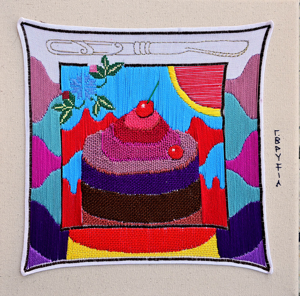 Grigoria Vryttia, Dissecting Sweetness II, 2025, Embroidery on doily and cotton canvas, 30 × 30 cm, © & Courtesy the artist