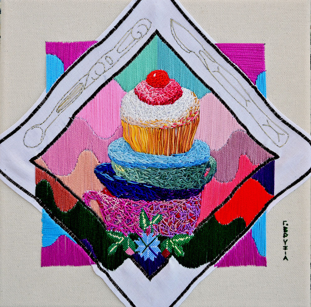 Grigoria Vryttia, Dissecting Sweetness II, 2025, Embroidery on doily and cotton canvas, 30 × 30 cm, © & Courtesy the artist