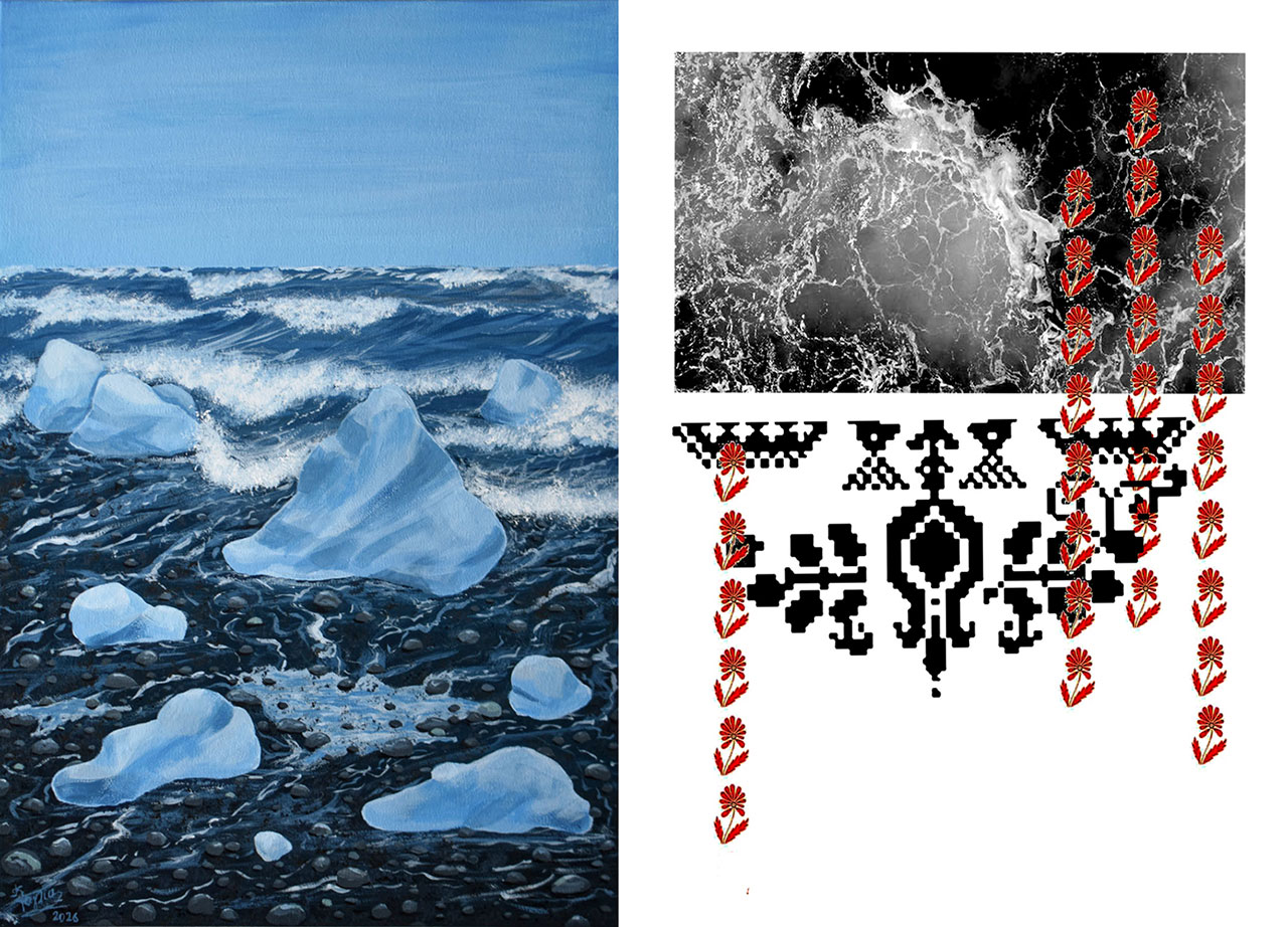 Left: Kyriaki Gaglia, Diamond Beach, 2026, Acrylics on canvas sheet, 60×40 cm, © & Courtesy the artist Right: Fenia Chatzimichail, Vertical Routes, 2025, Digital print on 200 gsm glossy paper, 25×35 cm, © & Courtesy the artist