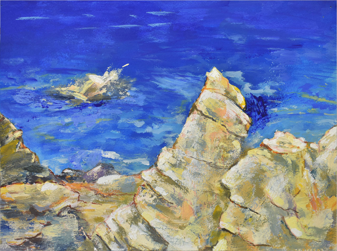 Maria Georgiadou, 2026, "Then he spoke and the sea was born and I saw and marveled. And in the middle of it he sowed small worlds in my image and likeness", Acrylics on paper, 24x32 cm