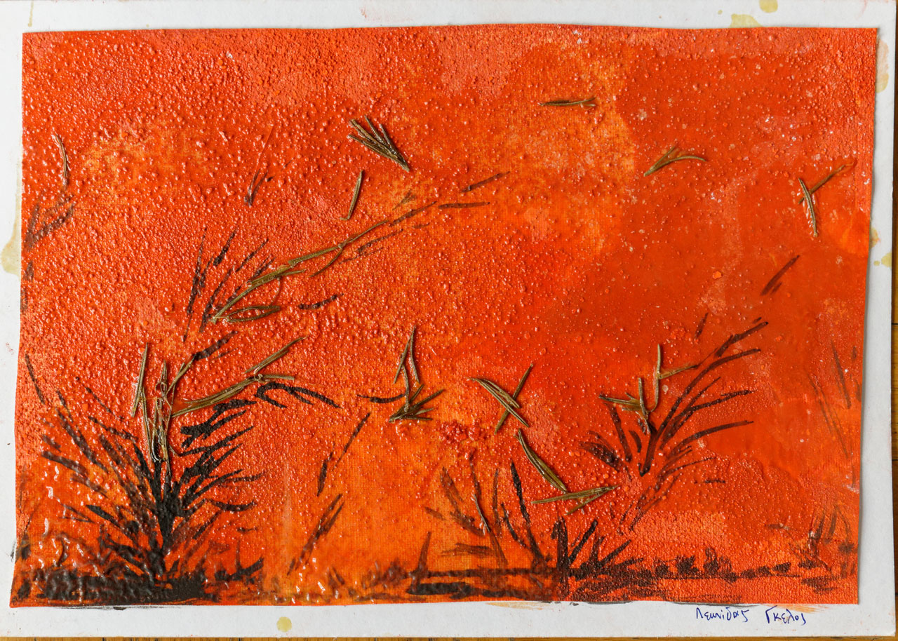Leonidas Gkelos, Roris igni (Rosemary in Fire), 2026, Icon-painting pigments, oil, varnish, rosemary on canvas mounted on board (series: 25 works 21 × 29.7 cm and 2 works 29.7 × 42 cm), © & Courtesy the artist