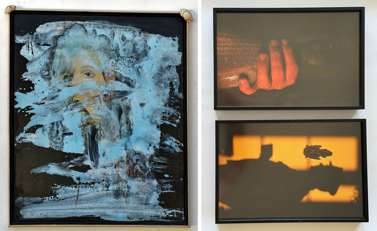 Left: Vangelis Dionas, Portrait, 2026, Acrylic on canvas, 50x60 cm Right: Flora Zafiraki, Sea Within, Fine art photographic paper and framed with glass, each 30x40 cm