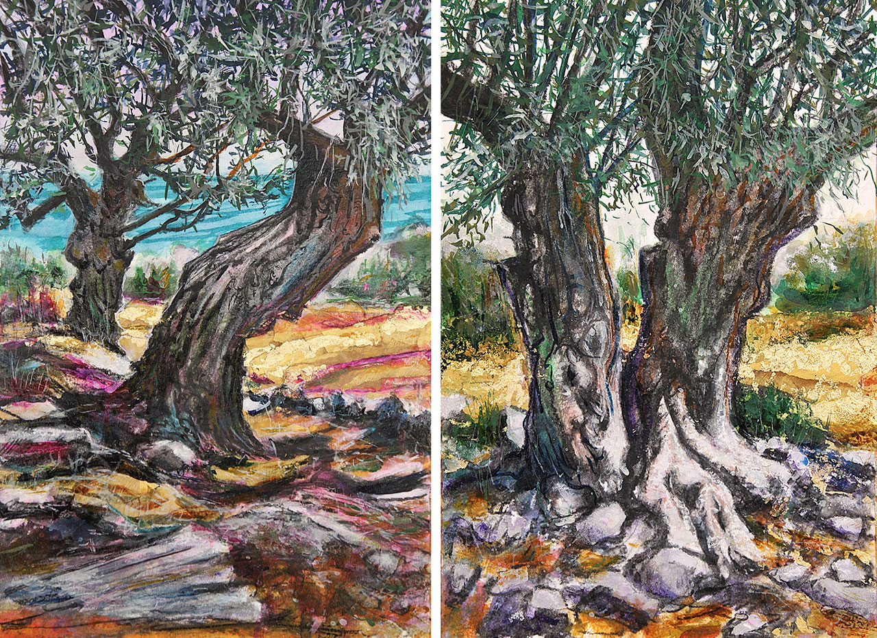 Evangelos Kalogeropoulos, Olive Trees, 2026, Mixed media on paper 425g (Charcoal, watercolor, gouache and gold leaf), 30x40 cm