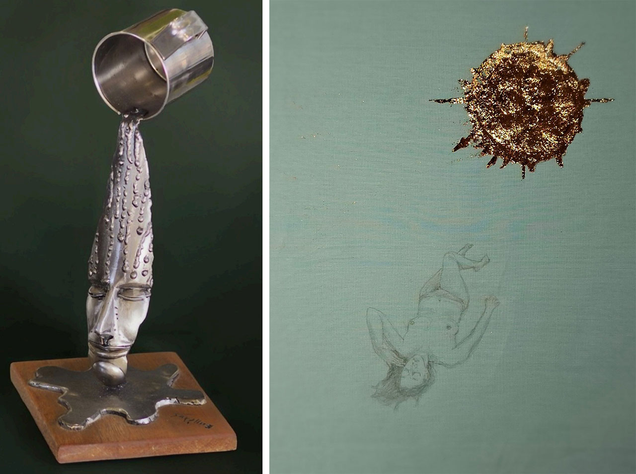Left: Vangelis Karamanlis, The Shape of Water, 2026, Metal, 36.5x22x15.5 cm, © & Courtesy the artist Right: Dimitra Tziomaka, “Sunbathing”, 2026, Graphite and synthetic gold leaves on cotton cloth, 30×40 cm, © & Courtesy the artist