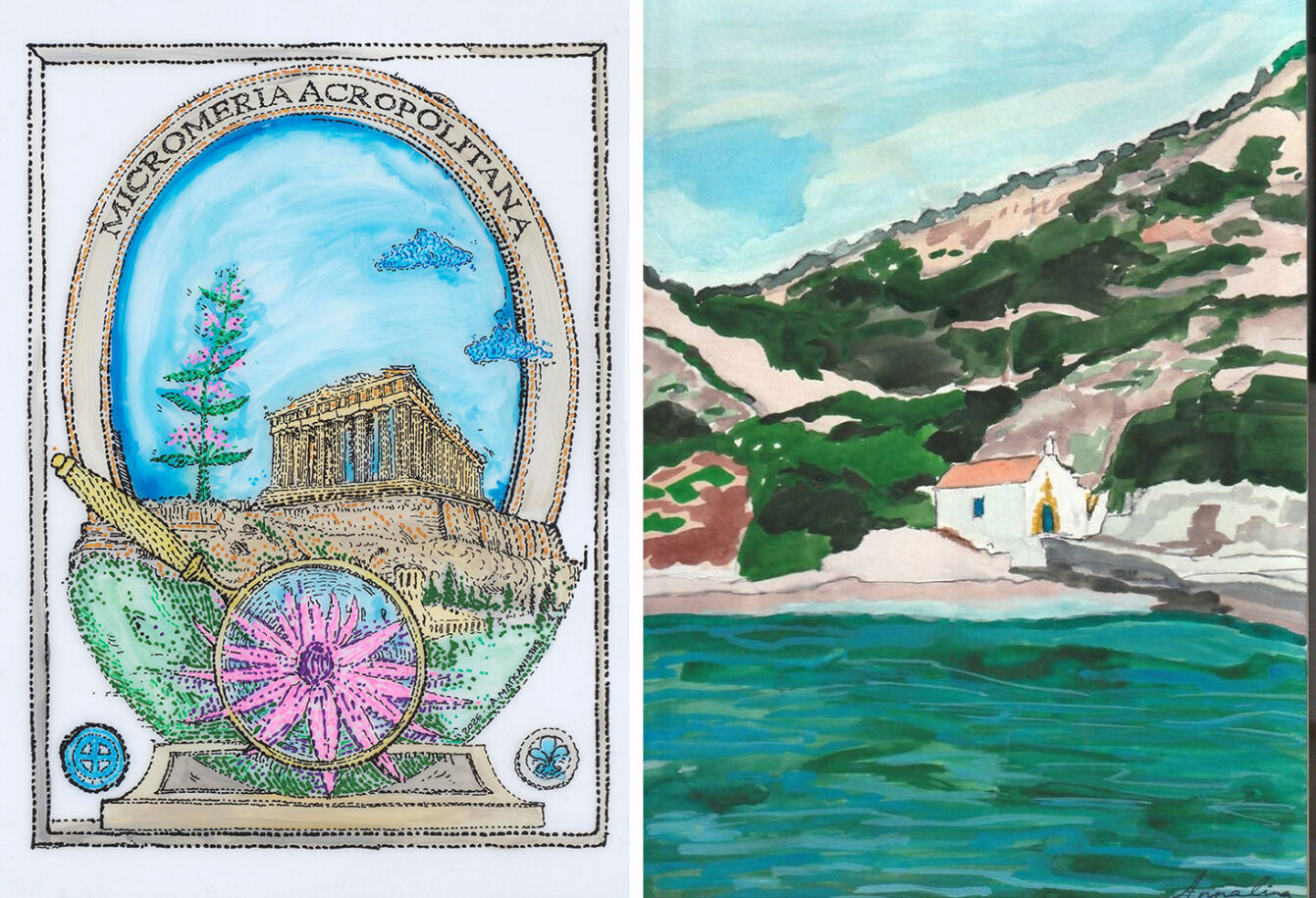 Left: Alexandros Maganiotis, Acromeria Acropolitana, 2026, Fine art print on paper, Edition of 25, 42×30 cm, © & Courtesy the artist Right: Annalina Fotopoulou, Once in a dream I, Watercolor, 29×21 cm, © & Courtesy the artist