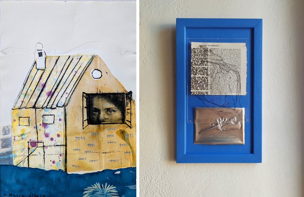 Left: Katerina Mitri, Between II, 2024, engraving, 29 × 39 cm, © & Courtesy the artist Right: Markella Michalitsianou, Immortality, 2024, Mixed media, 32 × 19 cm, © & Courtesy the artist