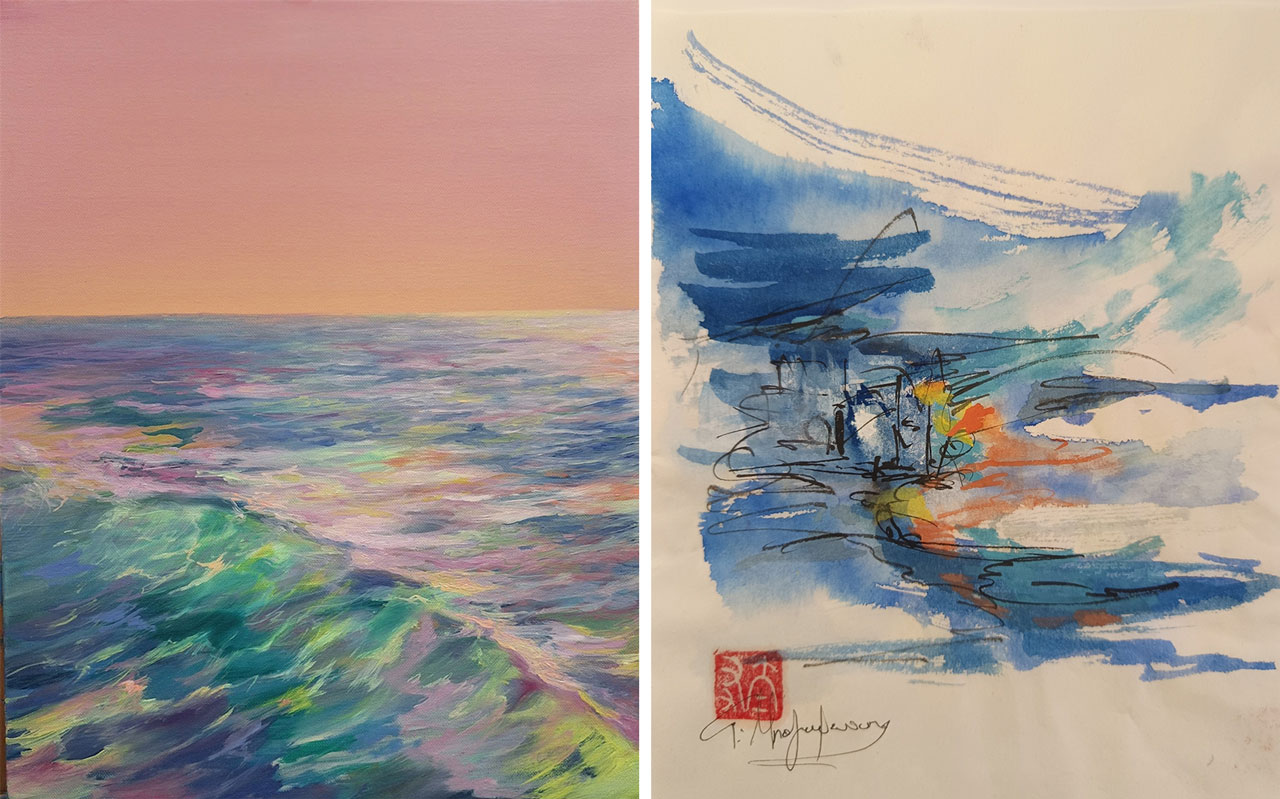 Left: Eva Geraki, Future Waves, 2026, Oil on canvas, 40 × 50 cm, © & Courtesy the artist Right: Giota Balomenou, Movement I, 2026, Ink on rice paper, 30 × 40 cm, © & Courtesy the artist