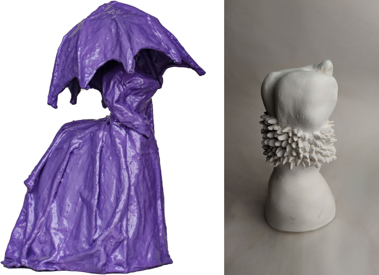 Left: Anna Papadopoulou, A Sunday in the Country, 2021-22, Processed fabric on styrofoam and paint with varnish, 8x12x20 cm, © & Courtesy the artist Right: Aggeliki Germakopoulou, Hydnellum floriforme, 2017, Clay, 15x7x7 cm, © & Courtesy the artist