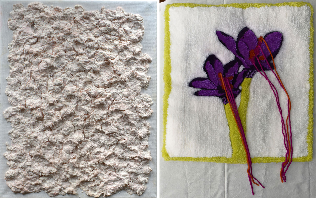 Left: Maria Zygomala, Breathing Paper, 2026, Water-Paper & Air, 20×30 cm, © & Courtesy the artist Right: Nelly Rizou, Colchicum, May 2025, Fabric & threads, 40×50 cm, © & Courtesy the artist