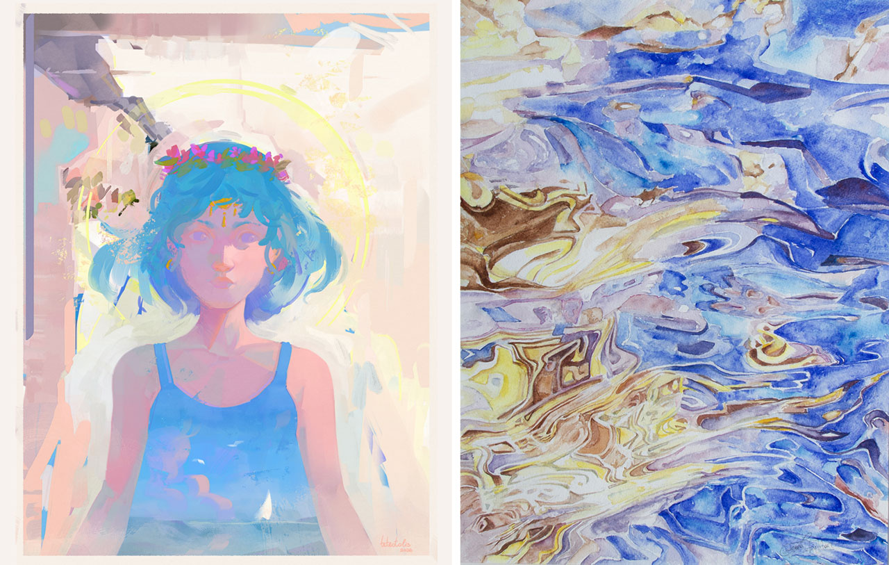 Left: Thodoris Tolis, Yialouda, 2026, monotype (1/1), digital oil, Giclée print, © & Courtesy the artist Right: : Sonia Tsiplitari, Purifying, 2026, Watercolor & ink on paper, 40 × 50 cm, © & Courtesy the artist
