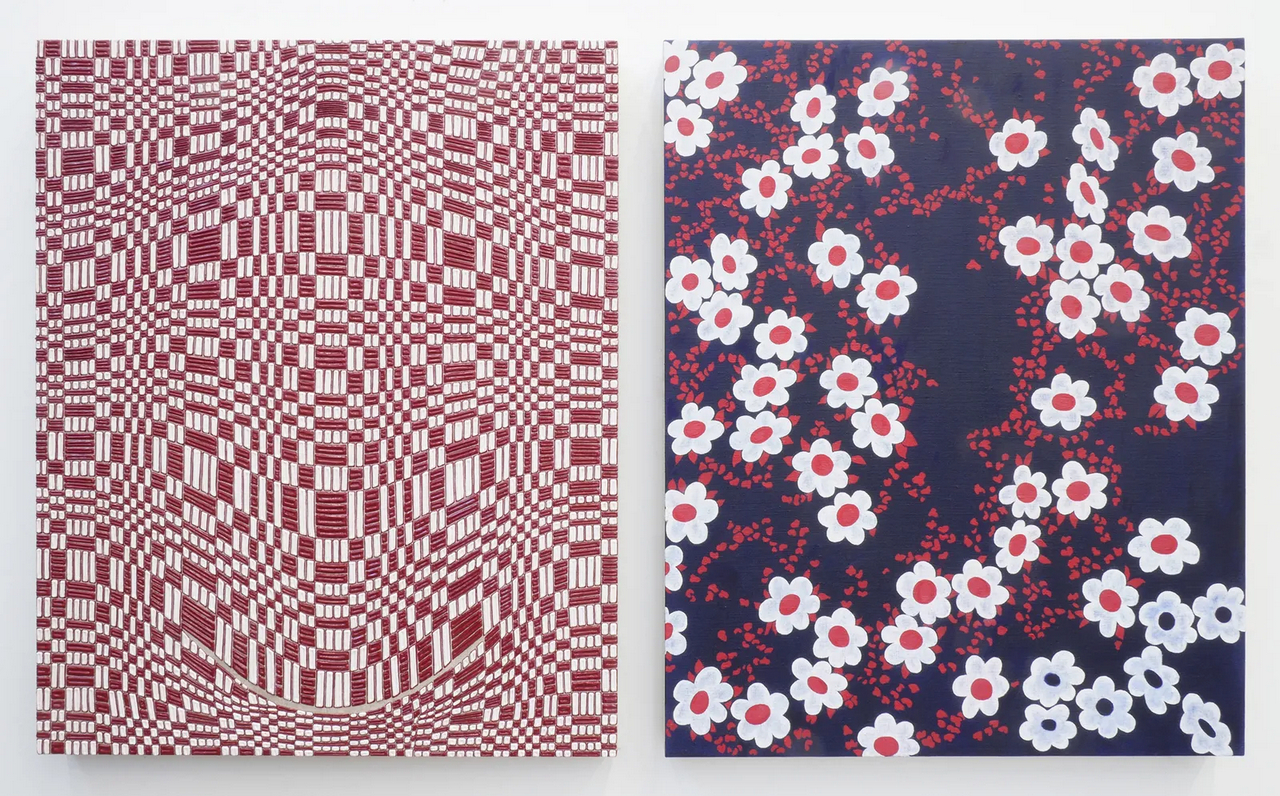 Andrea Higgins, Self-Portrait with Daisies, 2026, oil and acrylic on linen (diptych), as installed 22 1/4 x 37 in/56.5 x 94 cm, each panel 22 1/4 x 18 in/56.5 x 45.7 cm (plus 1 inch vertical space), © Andrea Higgins, Courtesy the artist and Hosfelt Gallery