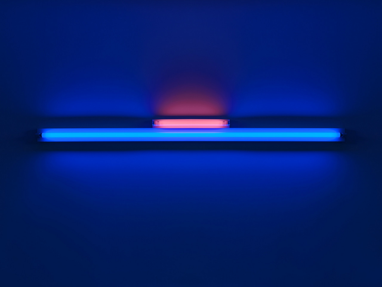 Dan Flavin, untitled (for Charlotte and Jim Brooks) 1, 1964, Pink and blue fluorescent light, 6 3/4 x 96 1/8 inches (17 x 244 cm), Edition of 5, © 2026 Stephen Flavin/Artist Rights Society (ARS), New York, Photo: Thomas Lannes, Courtesy Gagosian