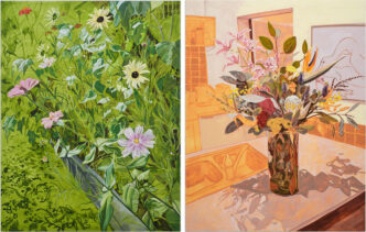 Photo Left: Jordan Casteel, Last Blooms, 2026, Oil on canvas, 182.9 × 142.2 cm (72 × 56 in), © Jordan Casteel, Courtesy the artist and Thaddaeus Ropac Gallery. Photo right: Jordan Casteel, Memorial (For John), 2026,Oil on canvas, 182.9 × 142.2 cm (72 × 56 in) ), © Jordan Casteel, Courtesy the artist and Thaddaeus Ropac Gallery