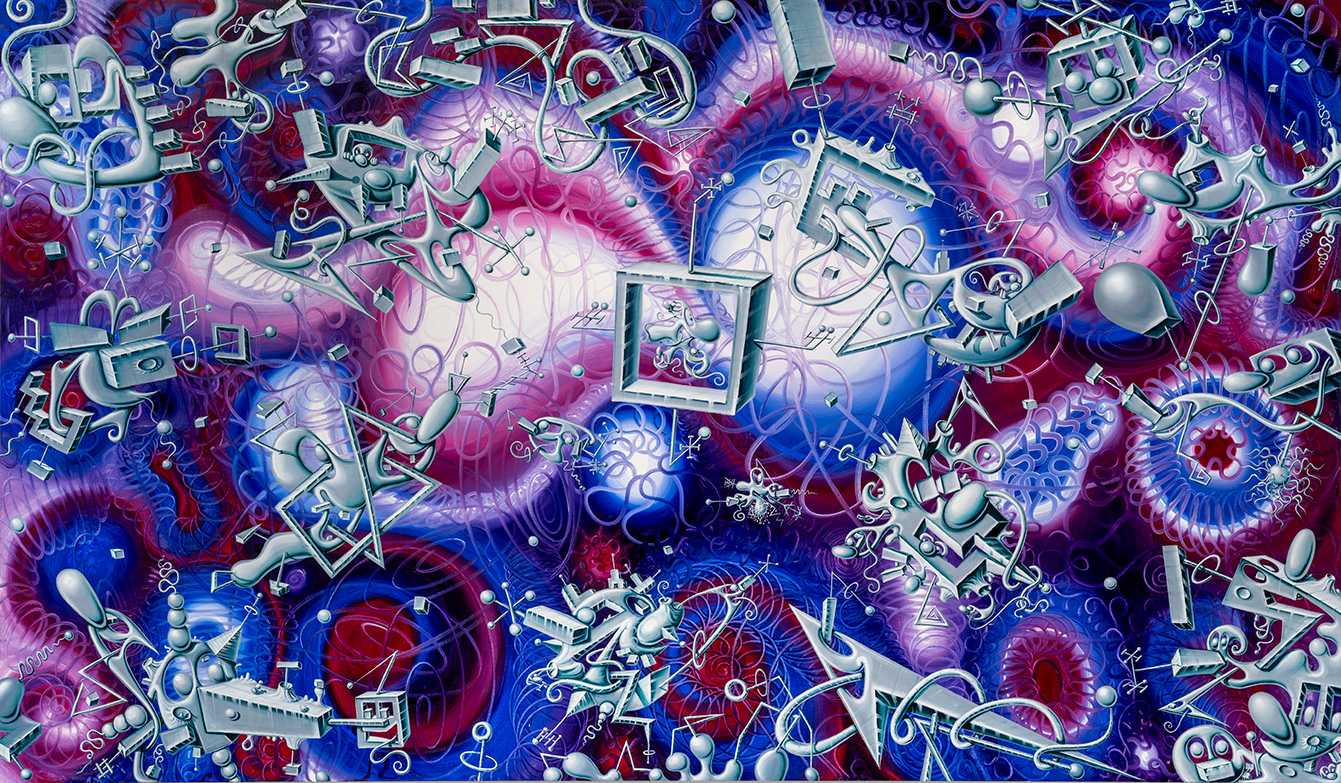 Kenny Scharf, ORGANIBOTZ, 2025, Oil on linen, 213.4 × 365.8 cm, © Kenny Scharf. Courtesy of the artist and Almine Rech