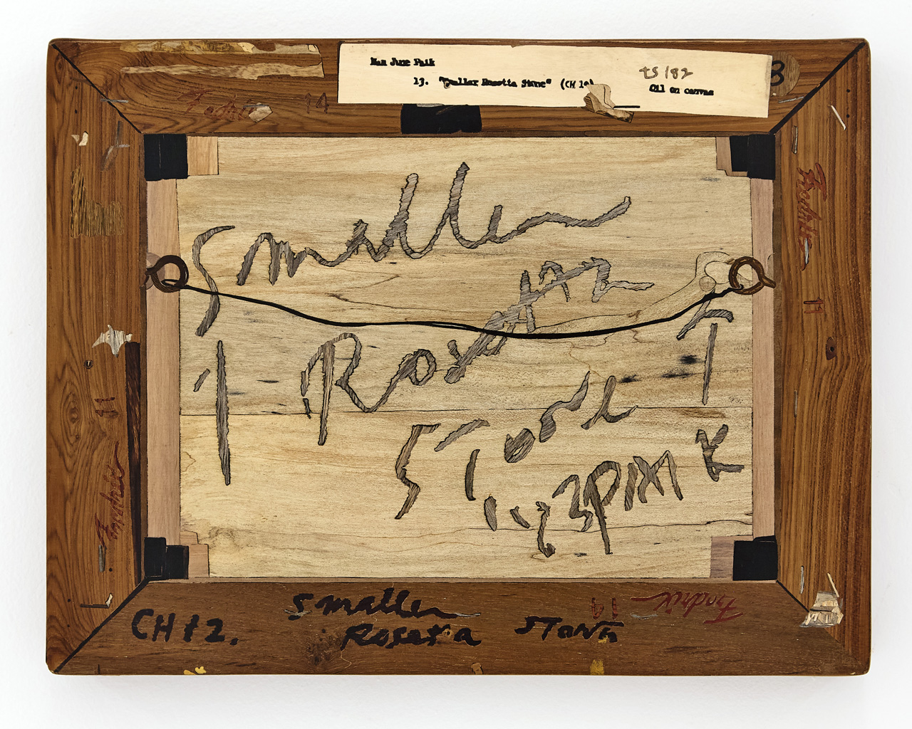 Michael Bühler-Rose, Verso (Nam June Paik, Untitled (Small Rosetta Stone-Channel 12) 1983), 2026, Wood Intarsia/Inlay: Satran, Paduk, Teak, Dark Champa and Tamarind Wood, 40 x 31.2 x 2.5 cm | 15.75 x 12.3 x 1 in