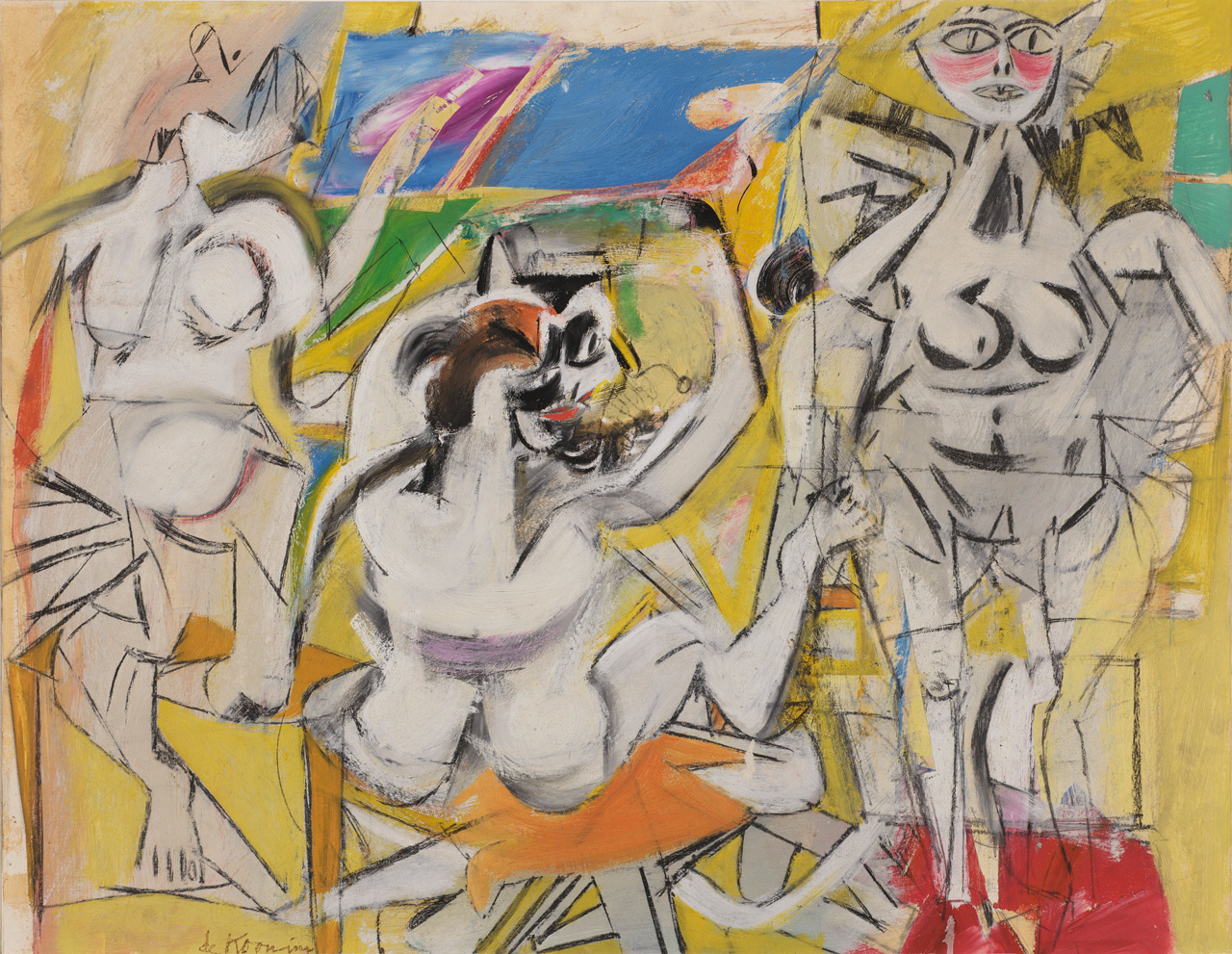 Willem de Kooning, Untitled (Three Women), c. 1948, Matte opaque paint (possibly oil) with fine particulate filler, enamel, carbon transfer drawing, charcoal, and graphite pencil on card stock, mounted on secondary support, 51,9 × 66,8 cm, Collection of the Frances Lehman Loeb Art Center at Vassar College, Poughkeepsie, New York, gift of Mrs. Richard Deutsch (Katherine W. Sanford, class of 1940), 1953.2.5, © 2026 The Willem de Kooning Foundation/Pictoright, Amsterdam