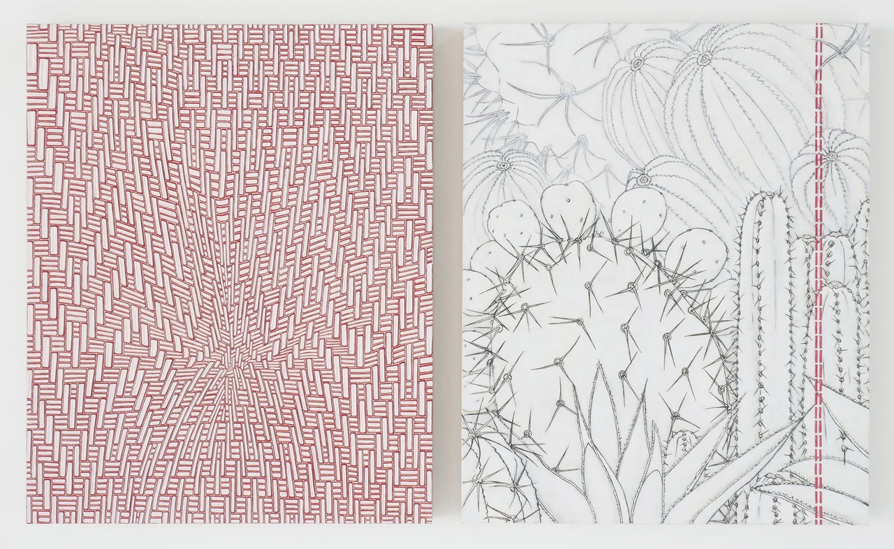 Andrea Higgins, Self-Portrait with Cacti, 2026, oil and acrylic on linen (diptych), as installed 22 1/4 x 37 in/56.5 x 94 cm, each panel 22 1/4 x 18 in/56.5 x 45.7 cm (plus 1 inch vertical space), © Andrea Higgins, Courtesy the artist and Hosfelt Gallery