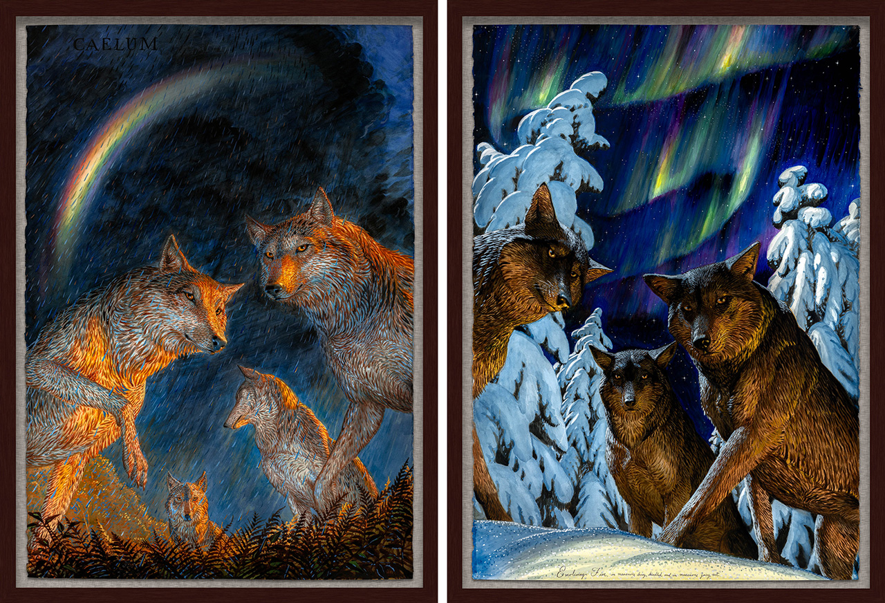 Left: Walton Ford, Caelum, 2026, watercolour, gouache and ink on paper, 152.4 x 106.7 cm.; 60 x 42 in., 165.7 x 120 x 5.7 cm.; 65 1/4 x 47 1/4 x 2 1/4 in. (framed), © Walton Ford, Courtesy the artist and Galerie Galerie Max Hetzler Right: Walton Ford, Everliving Fire, 2026, watercolour, gouache and ink on paper, 152.4 x 106.7 cm.; 60 x 42 in., 165.7 x 120 x 5.7 cm.; 65 1/4 x 47 1/4 x 2 1/4 in. (framed), © Walton Ford, Courtesy the artist and Galerie Galerie Max Hetzler