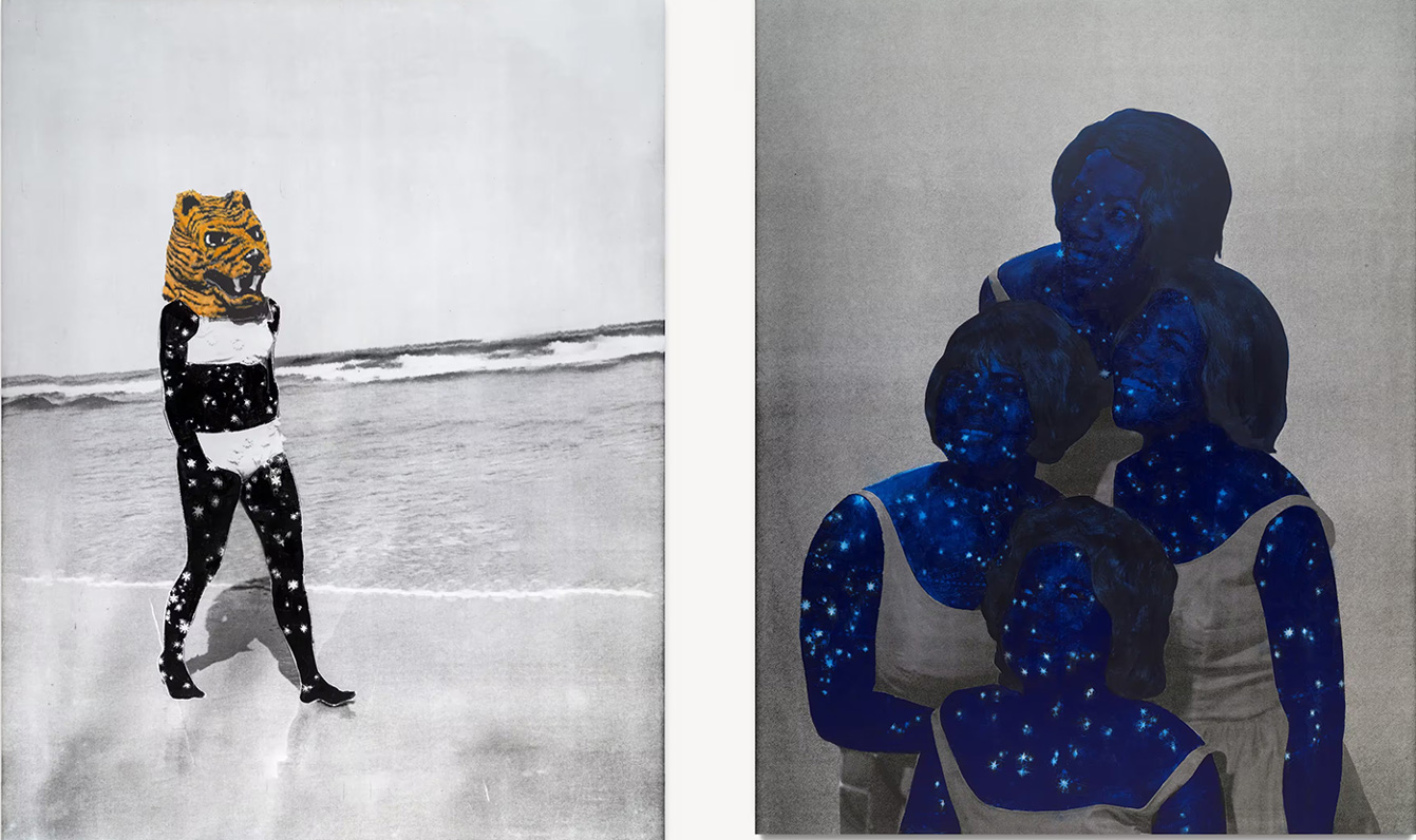 Left: Lorna Simpson, Tiger with star spots, 2026, Acrylic and screenprint on gessoed fiberglass, 191.8 x 149.9 x 3.5 cm / 75 1/2 x 59 x 1 3/8 in, © Lorna Simpson, Photo: Jame Wang, Courtesy the artist and Hauser & Wirth Gallery Right: Lorna Simpson, Constellation, 2026, Acrylic and screenprint on gessoed fiberglass, 191.8 x 149.9 x 3.8 cm / 75 1/2 x 59 x 1 1/2 in, © Lorna Simpson, Photo: Jame Wang, Courtesy the artist and Hauser & Wirth Gallery