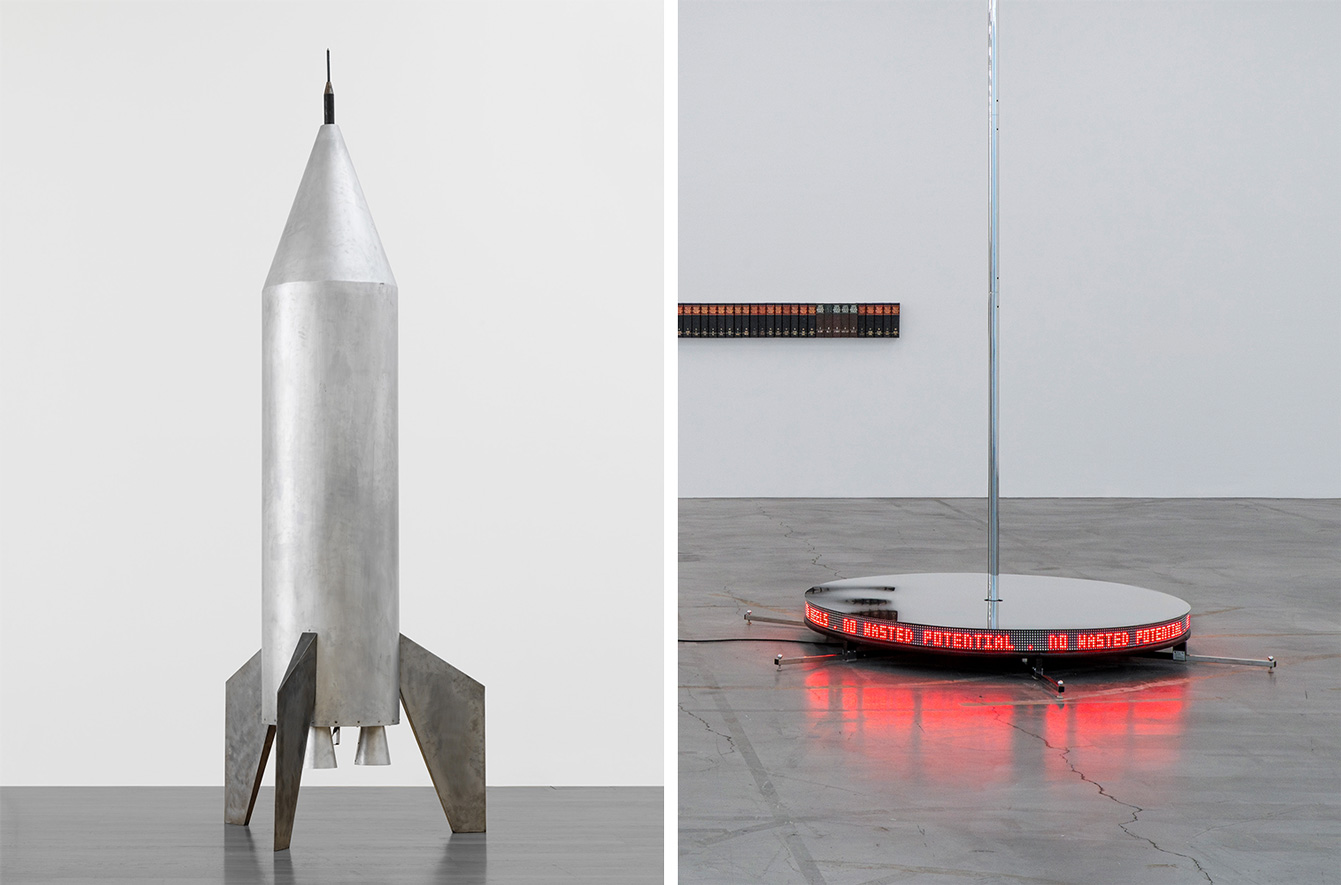 Left: Sylvie Fleury, First Spaceship on Venus, 1995, Aluminium, steel, audio player, loud speaker, Photo: Studio Stucky, © Sylvie Fleury, Curtesy the artist and Sammlung Migros Museum für Gegenwartskunst Right: Shamiran Istifan, Public Figure, 2026, Dance pole and platform, programmable LED display, mirrored acrylic glass, © Shamiran Istifan, Curtesy the artist