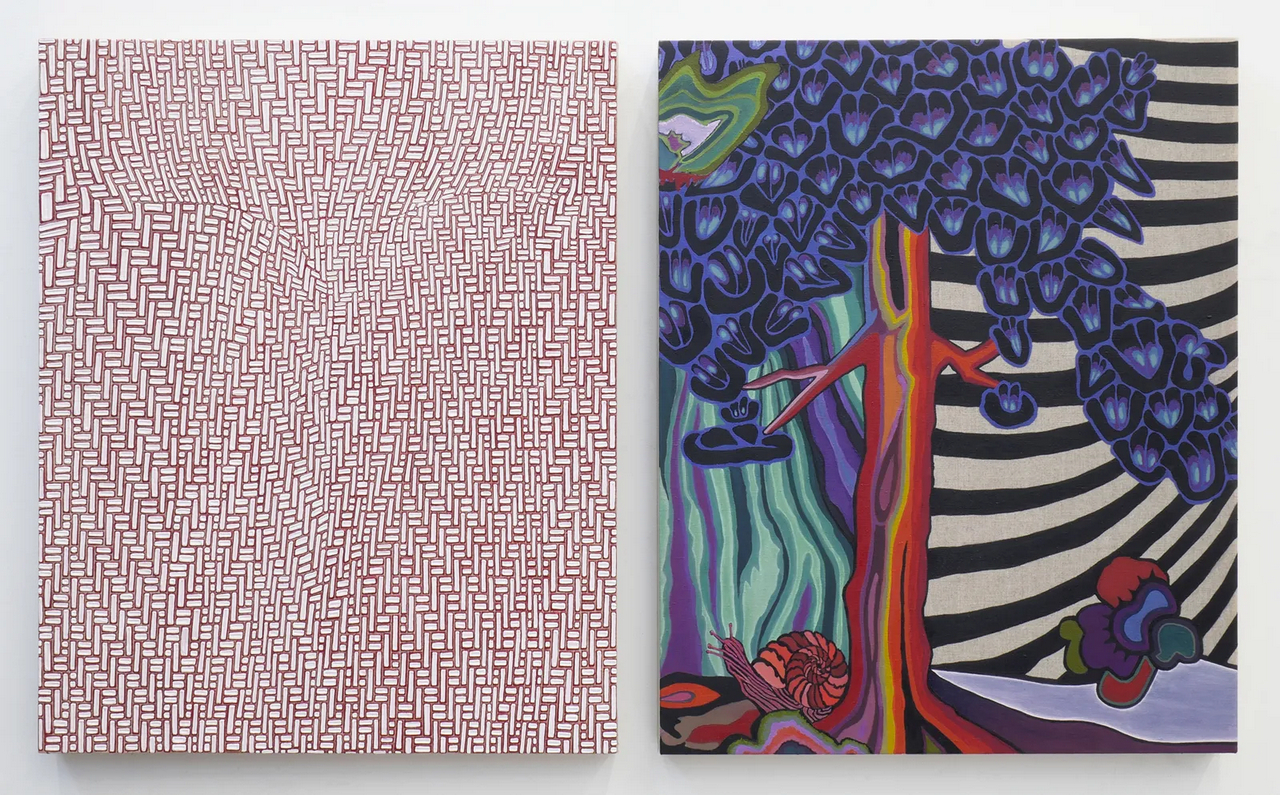 Andrea Higgins, Self-Portrait with Flora and Fauna, 2026, oil and acrylic on linen (diptych), as installed 22 1/4 x 37 in/56.5 x 94 cm, each panel 22 1/4 x 18 in/56.5 x 45.7 cm (plus 1 inch vertical space), © Andrea Higgins, Courtesy the artist and Hosfelt Gallery