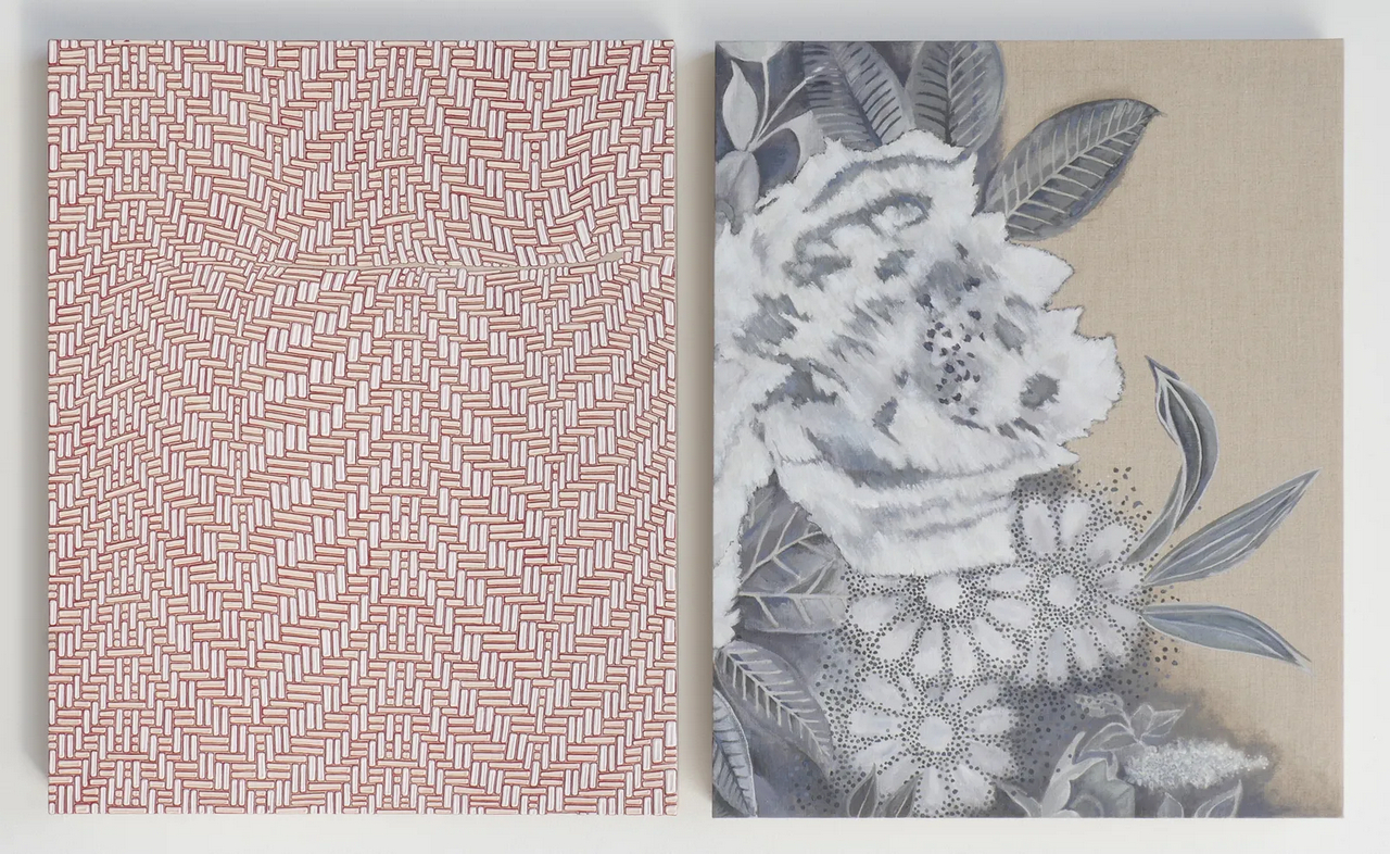 Andrea Higgins, Self-Portrait with Peony, 2026, oil and acrylic on linen (diptych), as installed 22 1/4 x 37 in/56.5 x 94 cm, each panel 22 1/4 x 18 in/56.5 x 45.7 cm (plus 1 inch vertical space), © Andrea Higgins, Courtesy the artist and Hosfelt Gallery