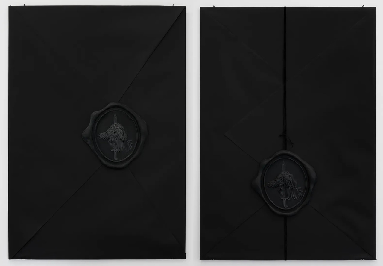 Left: Eliyah Mesayer, Letters from a Huntress no. 2, 2026 , Sirio Ultra Black uncoated paper (185 g/m²), MDF board, black resin, 100 x 70 cm, 39.37 x 27.56 in, © Eliyah Mesayer, Courtesy the artist and NILS STÆRK Gallery Right: Eliyah Mesayer, Letters from a Huntress no. 2, 2026 , Sirio Ultra Black uncoated paper (185 g/m²), MDF board, black resin, 100 x 70 cm, 39.37 x 27.56 in, © Eliyah Mesayer, Courtesy the artist and NILS STÆRK Gallery