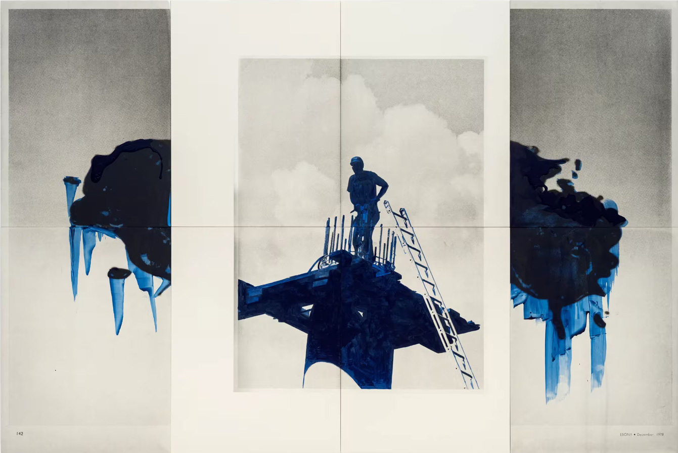 Lorna Simpson, Builder Black Blue, 2026, Acrylic and screenprint on claybord 8 panels, 122 x 182.9 x 3.8 cm / 48 x 72 x 1 1/2 in, © Lorna Simpson, Photo: Jame Wang, Courtesy the artist and Hauser & Wirth Gallery