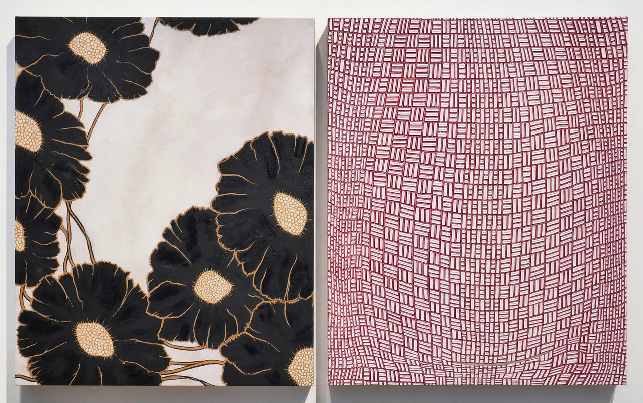 Andrea Higgins, Self-Portrait with Poppies, 2025, oil and acrylic on linen (diptych), as installed 22 1/4 x 37 in/56.5 x 94 cm, each panel 22 1/4 x 18 in/56.5 x 45.7 cm (plus 1 inch vertical space), © Andrea Higgins, Courtesy the artist and Hosfelt Gallery