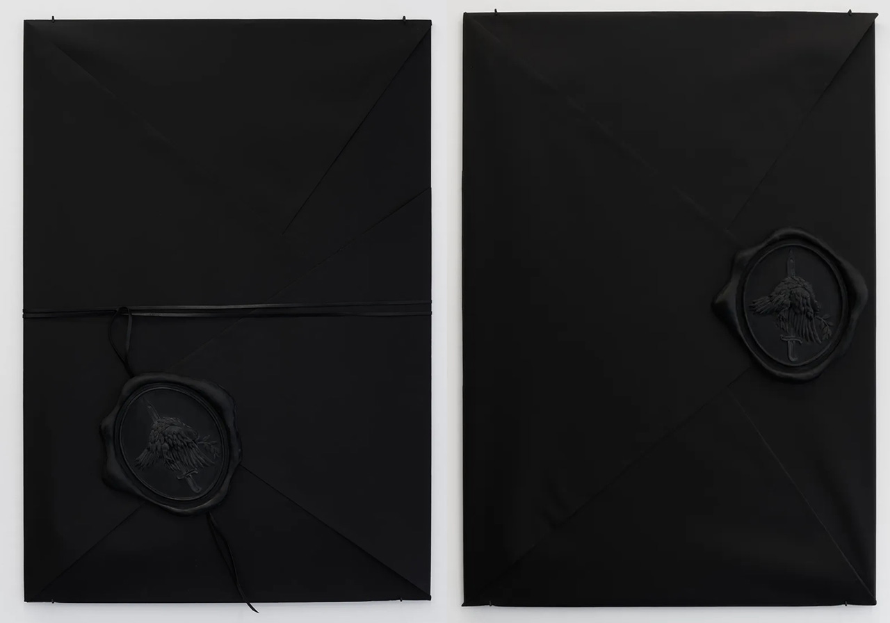 Left: Eliyah Mesayer, Letters from a Huntress no. 4, 2026 , Sirio Ultra Black uncoated paper (185 g/m²), MDF board, black resin, 100 x 70 cm, 39.37 x 27.56 in, © Eliyah Mesayer, Courtesy the artist and NILS STÆRK Gallery Right: Eliyah Mesayer, Letters from a Huntress no. 5, 2026 , Sirio Ultra Black uncoated paper (185 g/m²), MDF board, black resin, 100 x 70 cm, 39.37 x 27.56 in, © Eliyah Mesayer, Courtesy the artist and NILS STÆRK Gallery