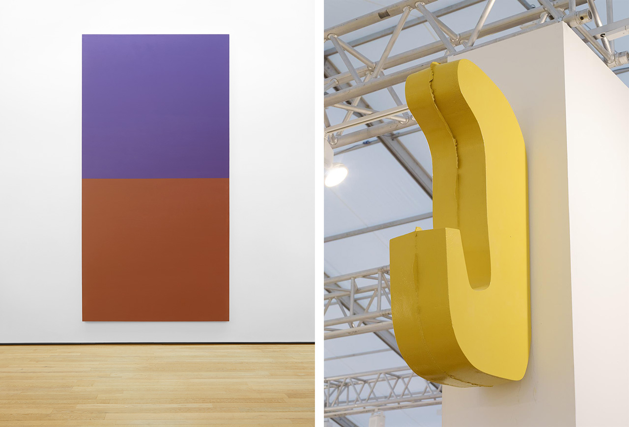 Left: Olivier Mosset, Sun City, 1987, Acrylic on canvas, Installation view of the exhibition 2, 11,47, Fondazione Antonio Dalle Nogare, 2019, Ph. Jürgen Eheim Fotostudio, Courtesy of the artist and Fondazione Antonio Dalle Nogare Right: Nairy Baghramian, Mooring IX (hanging), 2015, Cast aluminum, paint, Courtesy of the artist