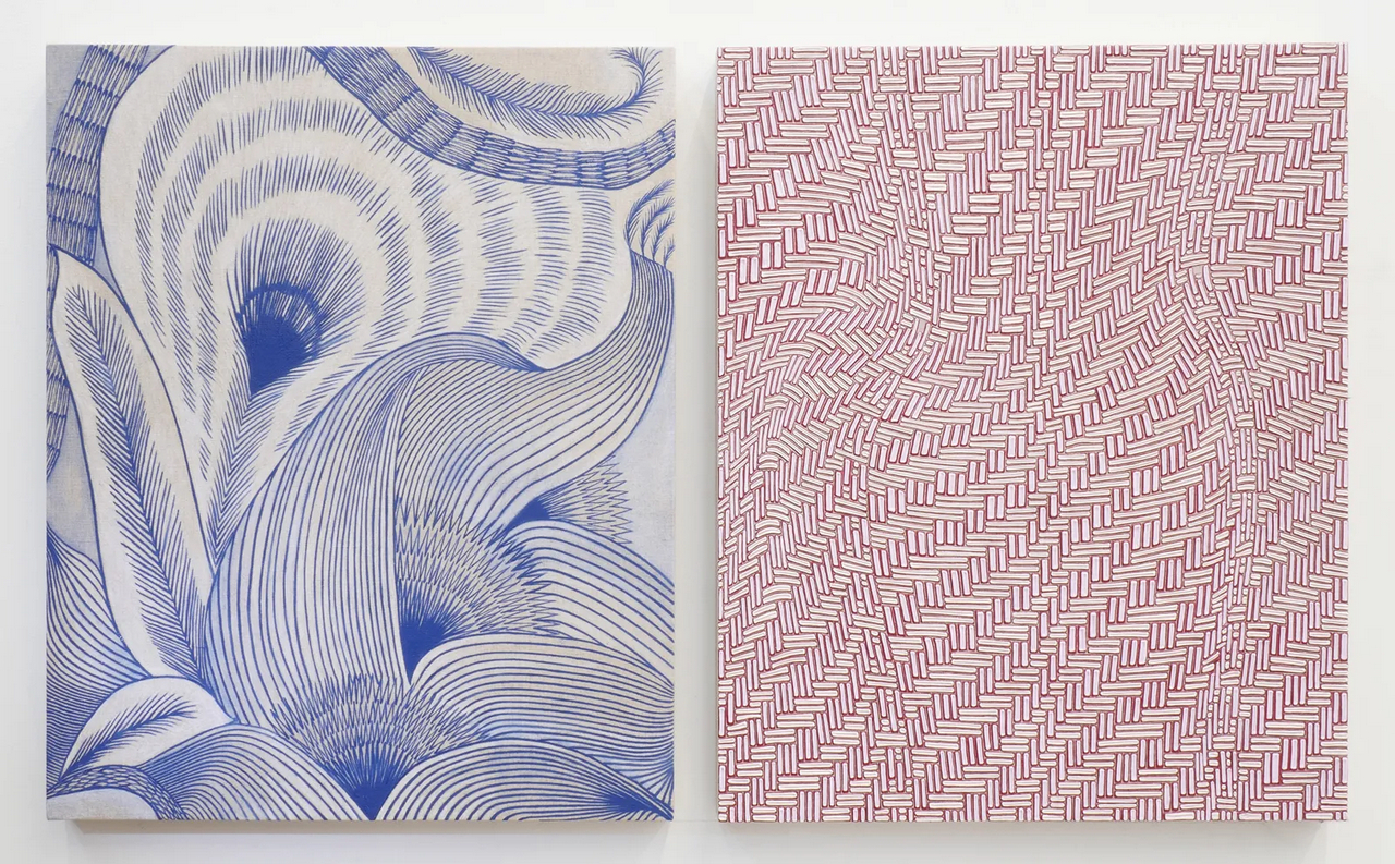 Andrea Higgins, Self-Portrait with Plumes, 2026, oil and acrylic on linen (diptych), as installed 22 1/4 x 37 in/56.5 x 94 cm, each panel 22 1/4 x 18 in/56.5 x 45.7 cm (plus 1 inch vertical space), © Andrea Higgins, Courtesy the artist and Hosfelt Gallery