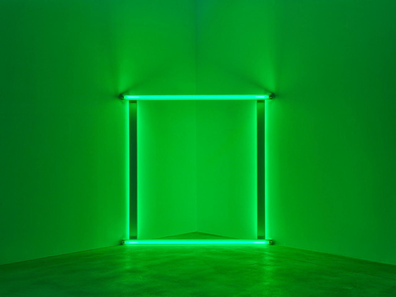 Dan Flavin, untitled (to Katharina and Christoph), 1966–71, Green fluorescent light, 96 1/8 x 96 1/8 inches (244 x 244 cm), Edition of 5, © 2026 Stephen Flavin/Artist Rights Society (ARS), New York, Photo: Thomas Lannes, Courtesy Gagosian