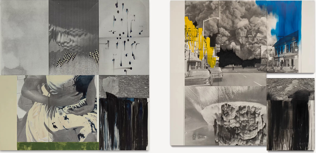 Left: Lorna Simpson, Wounded, 2026, Acrylic and screenprint on claybord, 182.9 x 182.9 x 3.8 cm / 72 x 72 x 1 1/2 in, © Lorna Simpson, Photo: Jame Wang, Courtesy the artist and Hauser & Wirth Gallery Right: Lorna Simpson, Yesterday/Today, 2026, Acrylic and screenprint on claybord, 182.9 x 182.9 x 3.8 cm / 72 x 72 x 1 1/2 in, © Lorna Simpson, Photo: Jame Wang, Courtesy the artist and Hauser & Wirth Gallery