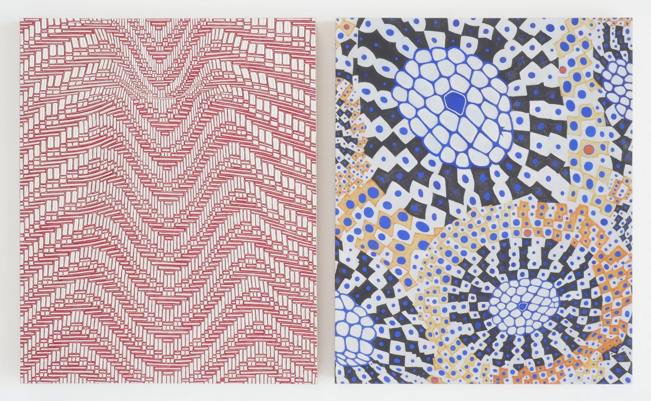 Andrea Higgins, Self-Portrait with Rosettes, 2026, oil on linen (diptych), as installed 22 1/4 x 37 in/56.5 x 94 cm, each panel 22 1/4 x 18 in/56.5 x 45.7 cm (plus 1 inch vertical space), © Andrea Higgins, Courtesy the artist and Hosfelt Gallery