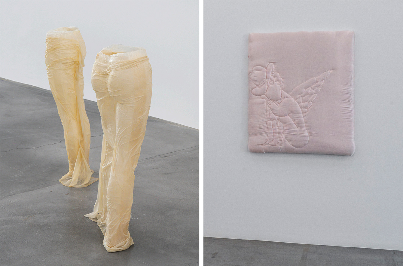 Left: Shamiran Istifan, She Shed I-III, 2026, Resin, fibreglass, latex, In collaboration with Janine Grosche, © Shamiran Istifan, Courtesy the artist Right: Shamiran Istifan, Guardiana, 2026, Wood, cotton, silk, © Shamiran Istifan, Courtesy the artist