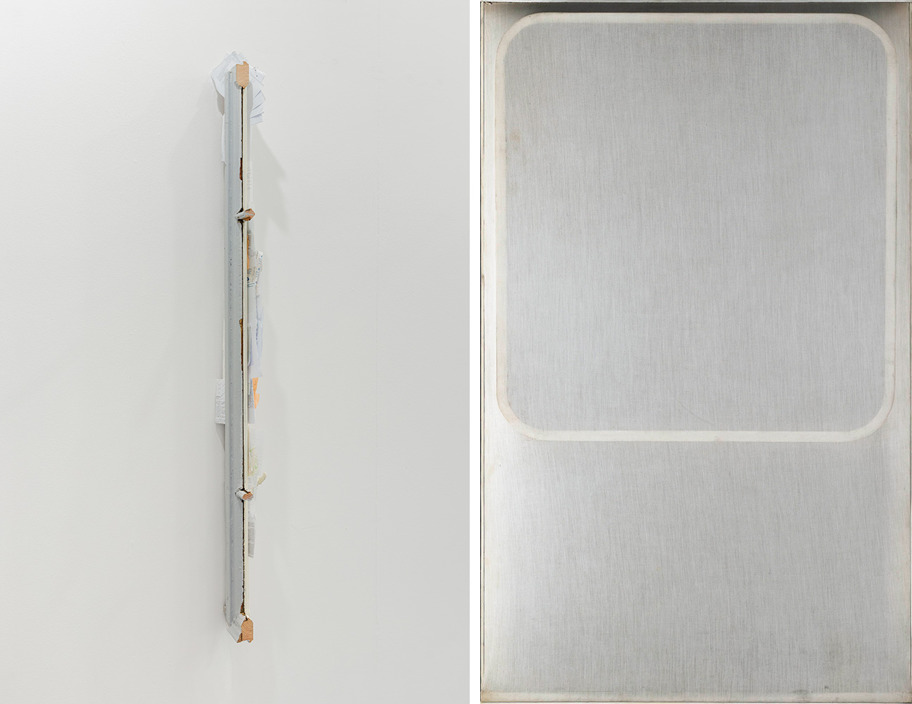 Left: Alessandro Manfrin, Window (Lettere a un Giovane Poeta),, 2025, Window, tickets, gallery handouts, receipts, package inserts, ink, Ph. Alessio Belloni, Courtesy of the artist Right: Fabio Mauri, Schermo Petrosemolo, 1972, Canvas on cantilevered frame, Courtesy of the artist