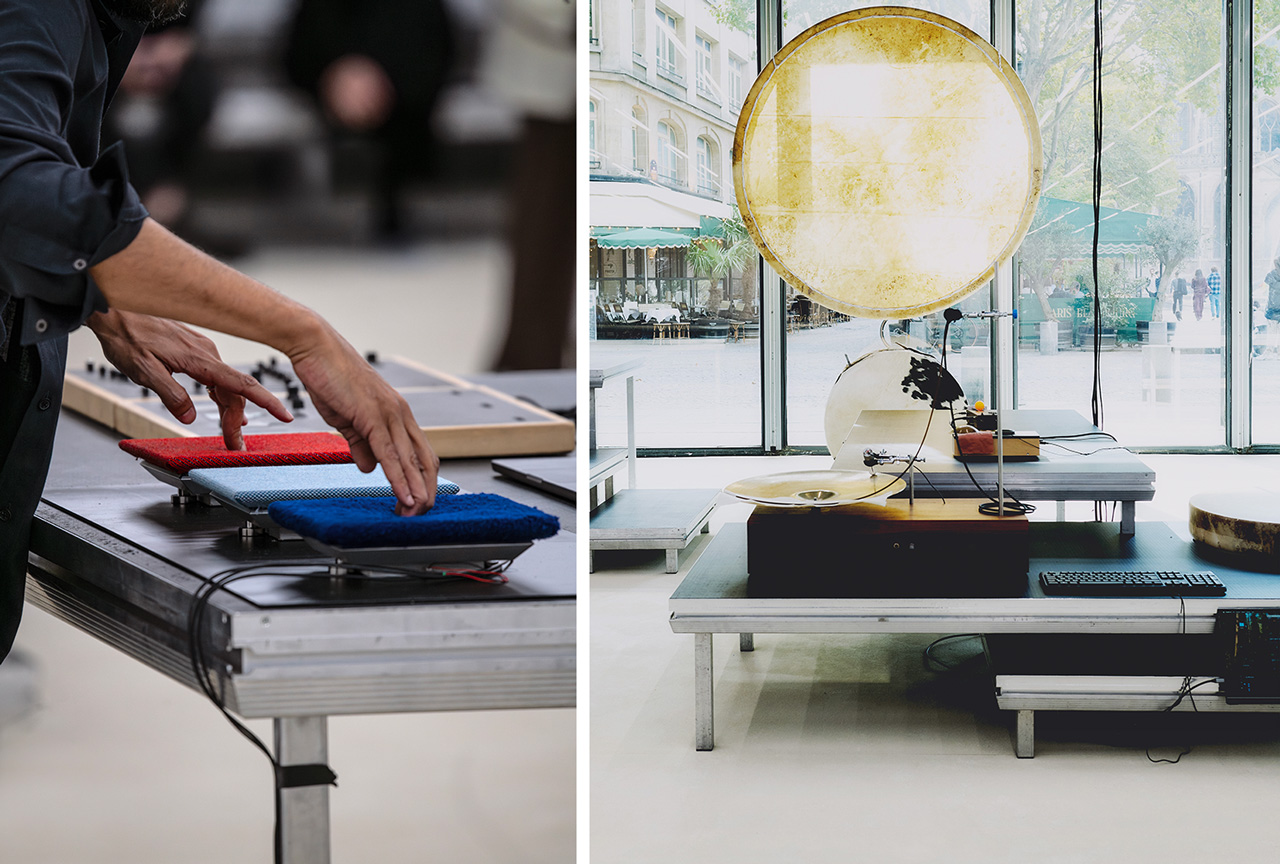 Left: Tarek Atoui performs at the Issey Miyake Spring-Summer 2026 presentation at Centre Pompidou, Paris. October 2025. Photo © Ophélie Maurus. Right: Tarek Atoui at Issey Miyake presentation, Centre Pompidou, Paris. October 2025. Photo (c) Luna Conte