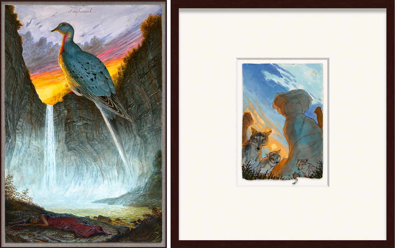 Left: Walton Ford, Taughannock, 2026, watercolour, gouache and ink on paper, 233 x 153.6 cm.; 91 3/4 x 60 1/2 in. , 242.5 x 163.1 x 6.3 cm.; 95 1/2 x 64 1/4 x 2 1/2 in. (framed), © Walton Ford, Courtesy the artist and Galerie Galerie Max Hetzler Right: Walton Ford, Study for Outward and outward and forever outward, 2026. watercolour, gouache and ink on paper, 18.4 x 12.7 cm.; 7 1/4 x 5 in. , 38.4 x 34.6 x 3.8 cm.; 15 1/8 x 13 5/8 x 1 1/2 in. (framed), © Walton Ford, Courtesy the artist and Galerie Galerie Max Hetzler