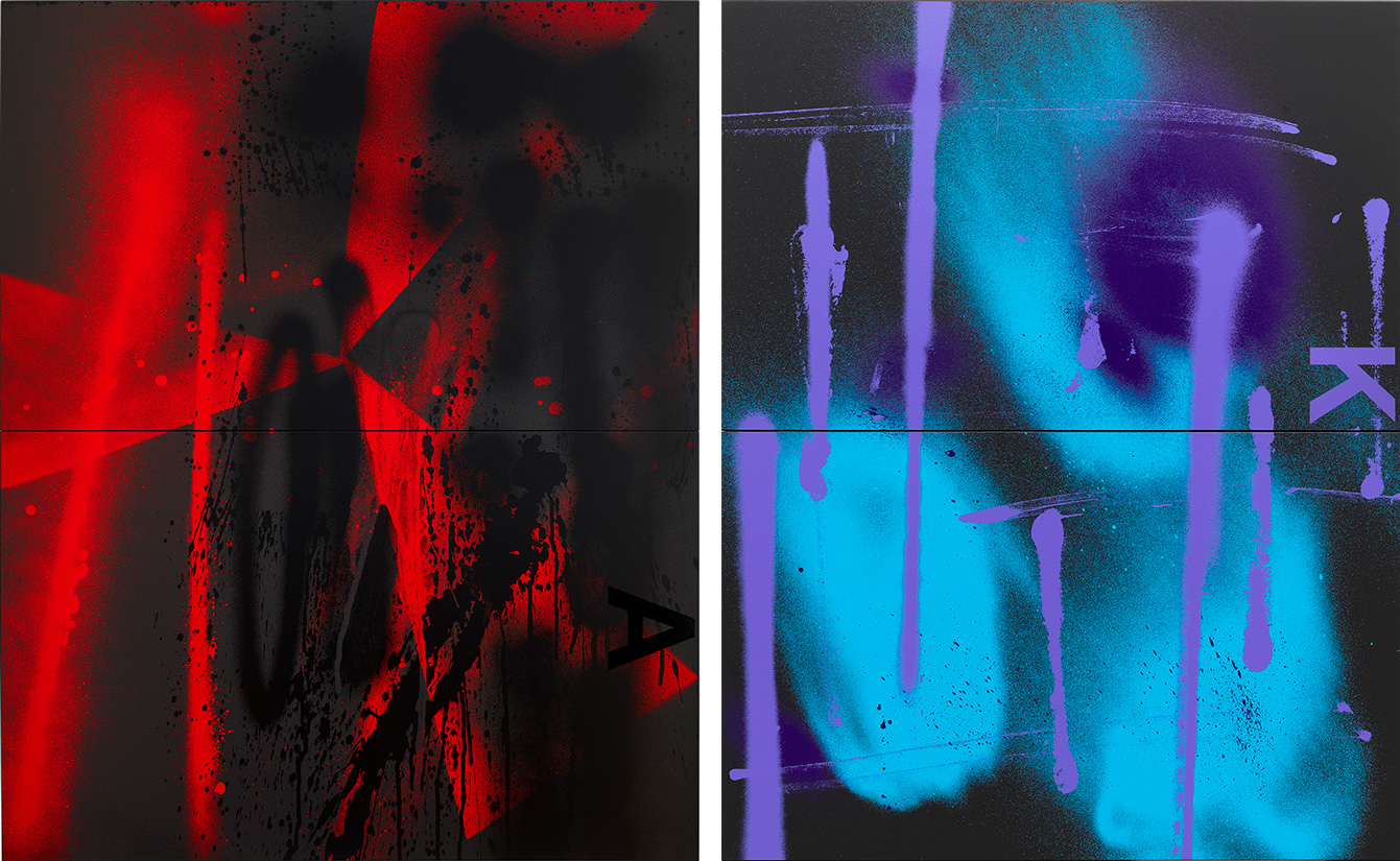Left: Adam Pendleton, Black Dada (A), 2024. Silkscreen ink and black gesso on canvas, two parts, 96 x 76 inch / 243.8 x 193 cm. Courtesy of the artist and Mennour, Paris, private collection. Photo Andy Romer Right: Adam Pendleton, Black Dada (K), 2026. Silkscreen ink and black gesso on canvas, two parts, 60 x 47.5 inch / 152.4 x 120.7 cm. Courtesy of the artist. Photo Elisabeth Bernstein