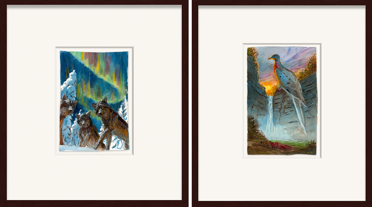 Left: Walton Ford, Study for Everliving Fire, 2026, watercolour, gouache and ink on paper, 18.4 x 12.7 cm.; 7 1/4 x 5 in. , 38.4 x 34.6 x 3.8 cm.; 15 1/8 x 13 5/8 x 1 1/2 in. (framed), © Walton Ford, Courtesy the artist and Galerie Galerie Max Hetzler Right: Walton Ford, Study for Taughannock, 2026, watercolour, gouache and ink on paper, 21.5 x 13.9 cm.; 8 1/2 x 5 1/2 in. , 41.5 x 35.8 x 3.8 cm.; 16 3/8 x 14 1/8 x 1 1/2 in. (framed), © Walton Ford, Courtesy the artist and Galerie Galerie Max Hetzler