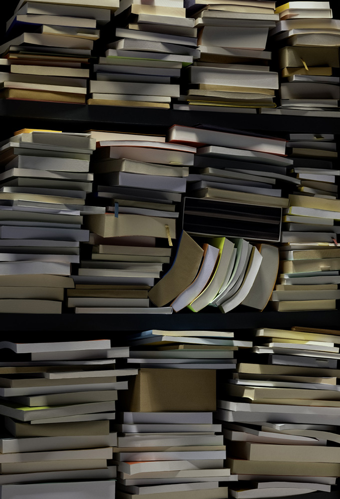 Thomas Demand, Books, 2025, UV print on copper, 33½ x 22⅞ inches; 85 x 58 cm, © Thomas Demand, Courtesy the artist and Matthew Marks Gallery