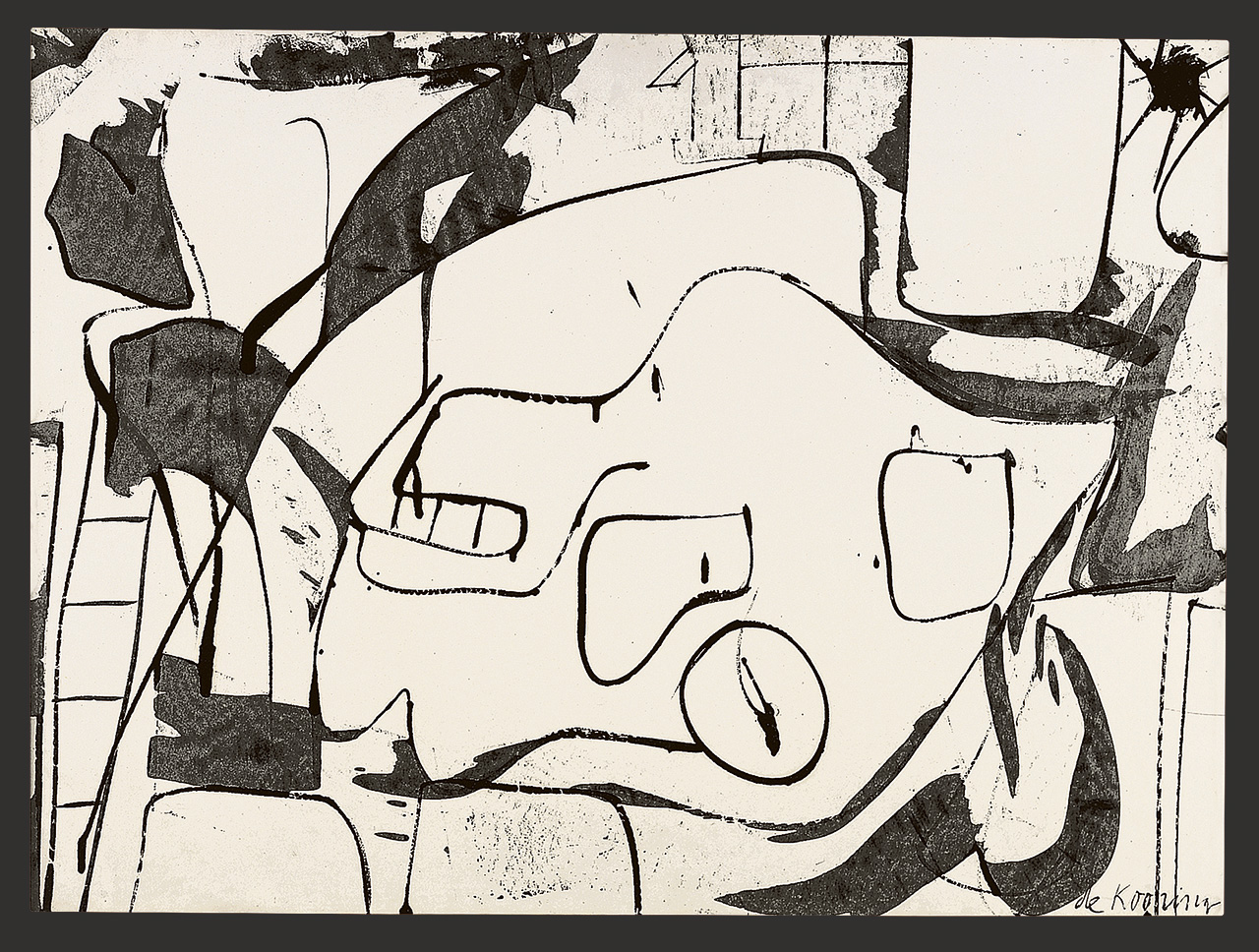 Willem de Kooning, Black and White Abstraction, 1950-51, Enamel on wove paper, mounted on secondary support, 56,5 × 76,8 cm, Collection of Jasper Johns, © 2026 The Willem de Kooning Foundation/ Pictoright, Amsterdam