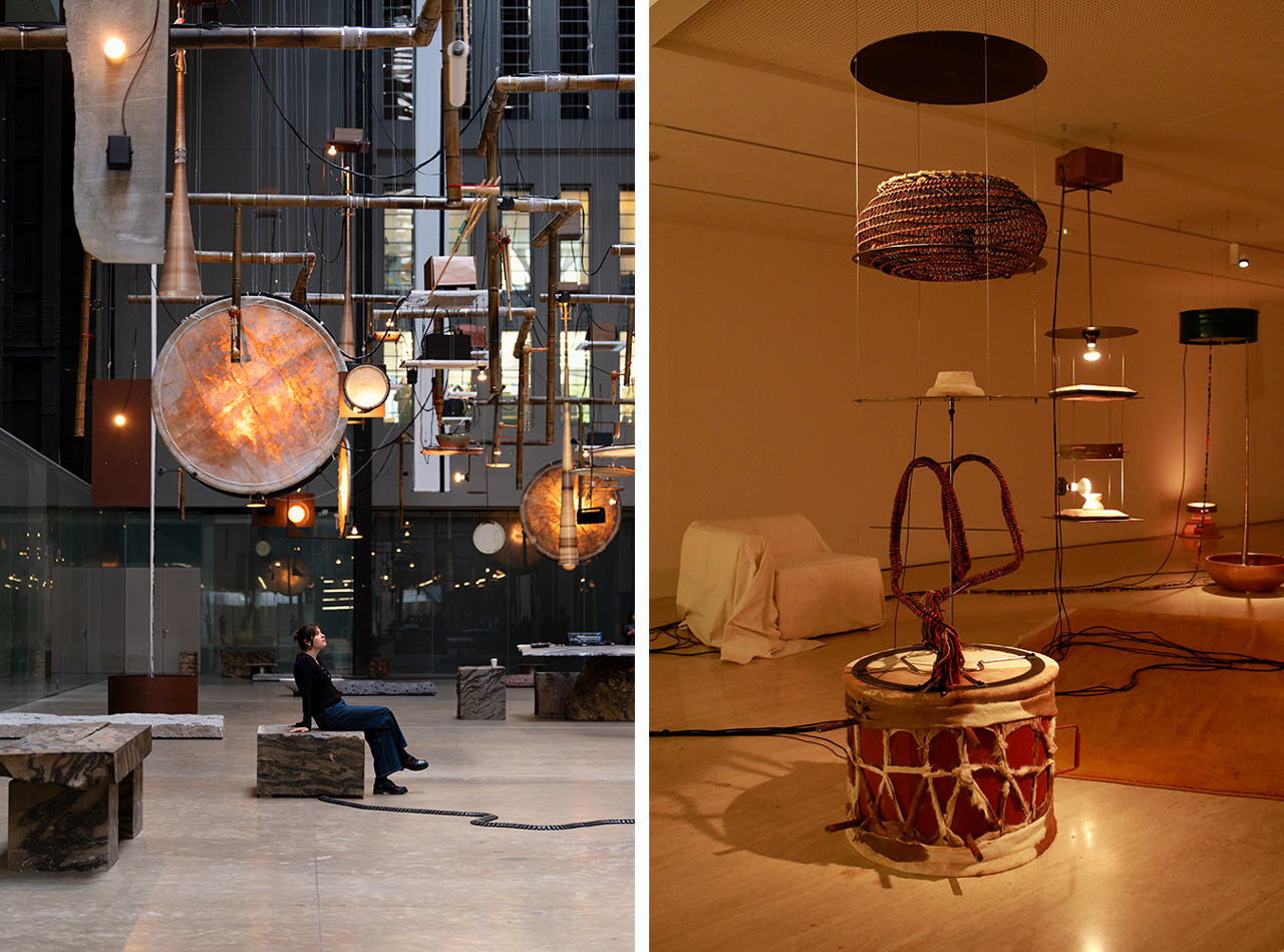 Left: Hyundai Commission Tarek Atoui at Tate Modern. Installation View © Tate Photography (Kathleen Arundell) Right: Tarek Atoui. At-Tāriq, 2025. Installation view: Museo Nacional Thyssen-Bornemisza, Madrid. Photo © Lourdes Cabrera