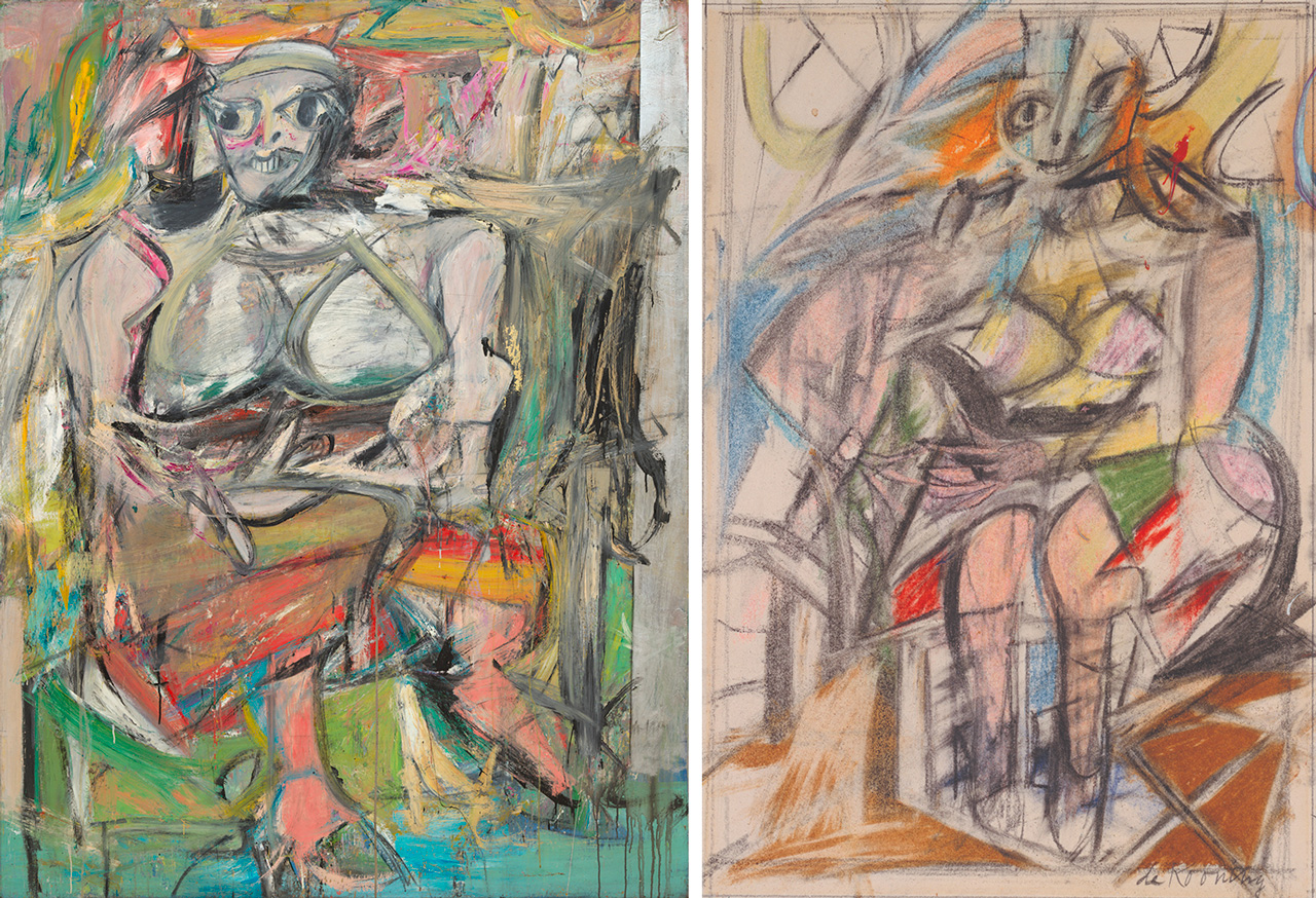 Left: Willem de Kooning, Woman I, 1950-52, Oil, enamel, metallic paint, and charcoal on canvas, 192,7 × 147,3 cm, The Museum of Modern Art, New York. Purchase, 1953, Image © The Museum of Modern Art/Art Resource/Scala, Florence, © 2026 The Willem de Kooning Foundation/ Pictoright, Amsterdam Right: Willem de Kooning, Woman (Woman Seated I), 1952, Pastel, charcoal, carbon drawing pencil, graphite pencil, and fixative with traces of oil on wove paper, 36,8 × 29,2 cm, Private collection, courtesy of Hauser & Wirth Collection Services, Zurich, © 2026 The Willem de Kooning Foundation/ Pictoright, Amsterdam