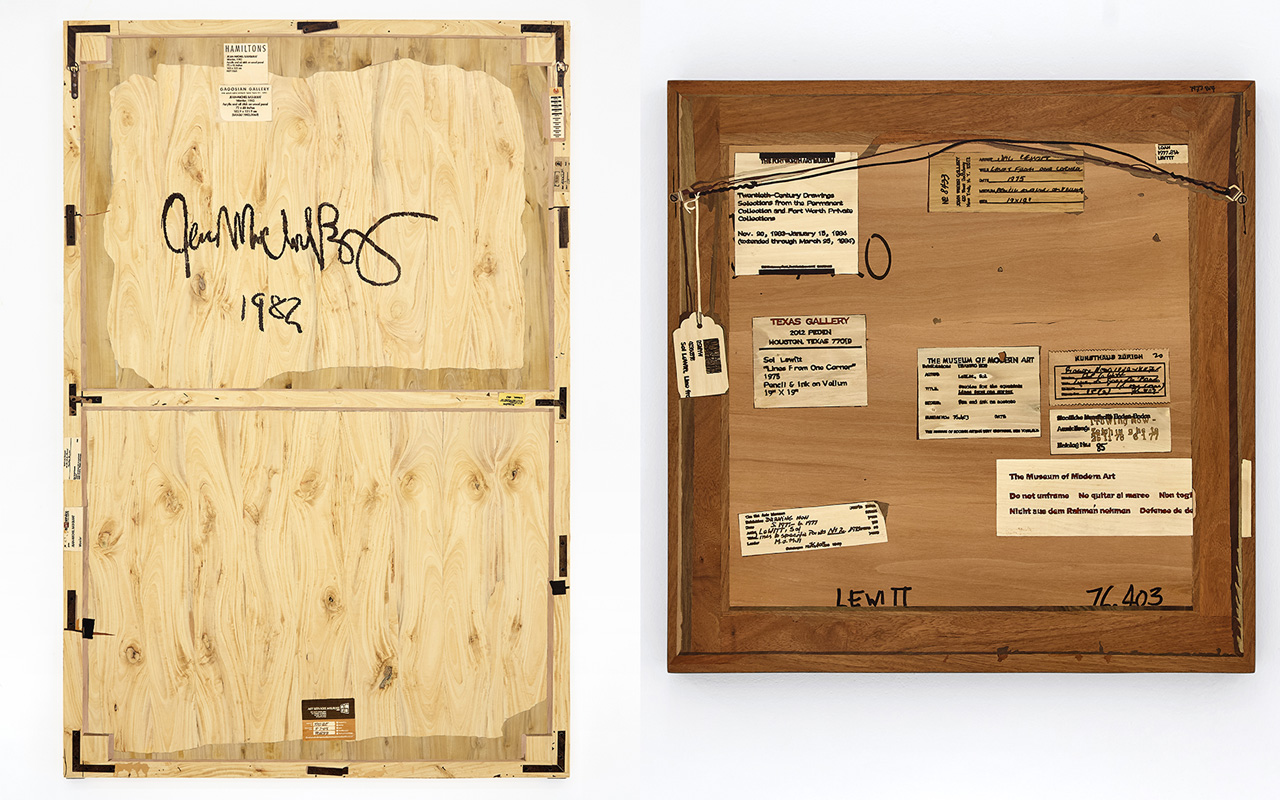 Left: Michael Bühler-Rose, Verso (Jean-Michel Basquiat, Warrior, 1982), 2026, Wood Intarsia/Inlay: Aale, Champa, Rosewood, Ebony, Paduk, Light Champa, Satran, Kadyakshe, Orange Fruit Wood, Madhe, Dark Slate Matti, Dark Champa and Jack Fruit Woods., 182.8 x 121.9 x 2.5 cm | 72 x 48 x 1 in, © Michael Bühler-Rose, Courtesy the artist and George Benias Gallery Right: Michael Bühler-Rose, Verso (Sol Lewitt, Lines from One Corner, 1975), 2026 Wood Intarsia/Inlay: Kadga, Paduk, Aale, Dark Champa, Kadyakshe, Rosewood and Indian Kino Tree Woods, 50.8 x 50.8 x 2.5 cm | 20 x 20 x 1 in, © Michael Bühler-Rose, Courtesy the artist and George Benias Gallery
