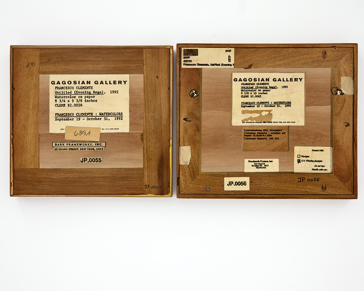 Michael Bühler-Rose, Verso (Francesco Clemente, Untitled (Evening Raga) 1992), 2026, Wood Intarsia/Inlay: Aale, Dark Champa, Orange Fruit, Slate Matti, Mukurche and Indian Kino Tree Woods, 34.2 x 39.3 & 34.2 x 36.8 cm | 13.5 x 15.5 & 13.5 x 14.5 in, © Michael Bühler-Rose, Courtesy the artist and George Benias Gallery