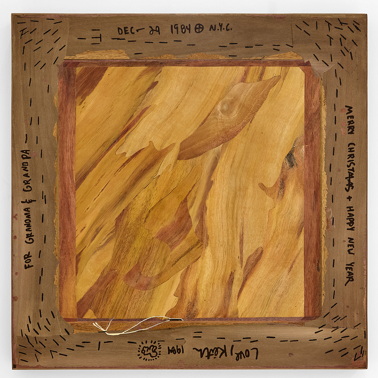 Michael Bühler-Rose, Verso (Keith Haring, Untitled, 1984), 2026, Wood Intarsia/Inlay: Madhe, Champa, Madhe Mix Grain, Slate Matti, Kadyakshe and Ebony Woods, 50.8 x 50.8 x 2.5 cm | 20 x 20 x 1 in, © Michael Bühler-Rose, Courtesy the artist and George Benias Gallery